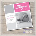 Geboortekaart meisje, grijs, hout, vierkant, roze